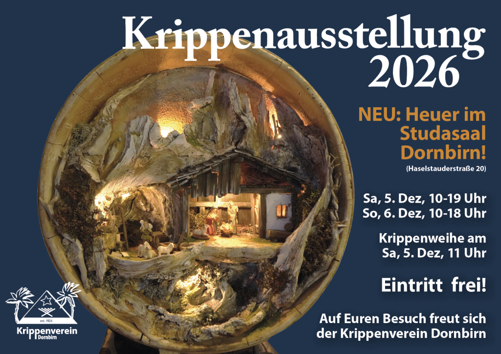Werbesujet zur Krippenausstellung 2026 des Krippenverein Dornbirn im Studa-Saal.